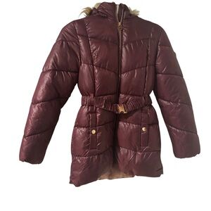 Michael Kors Girls Burgundy Quilted Puffer Faux Fur Hooded Jacket Size 14